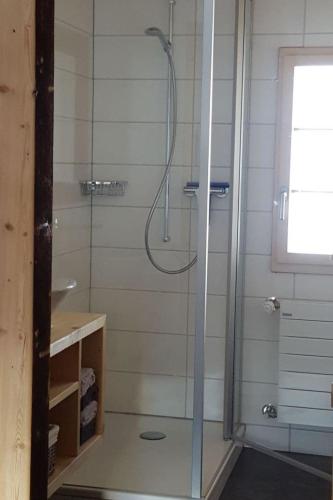 a shower with a glass door in a bathroom at Apartment Chalet Wäschhüsi by Interhome in Adelboden