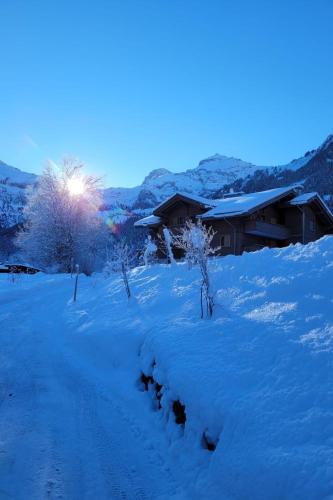 a snow covered road in front of a house at Apartment Chalet Lerchweid Lenk by Interhome in Lenk