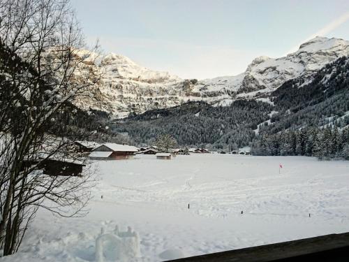 a snow covered field with a snow covered mountain at Apartment Chalet Lerchweid Lenk by Interhome in Lenk