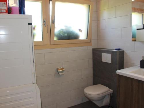 a bathroom with a toilet and a sink and a window at Apartment Alphaus Hasler by Interhome in Gummeli