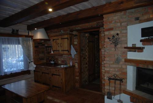 a kitchen with a fireplace and a brick wall at Prie Klykio in Utena