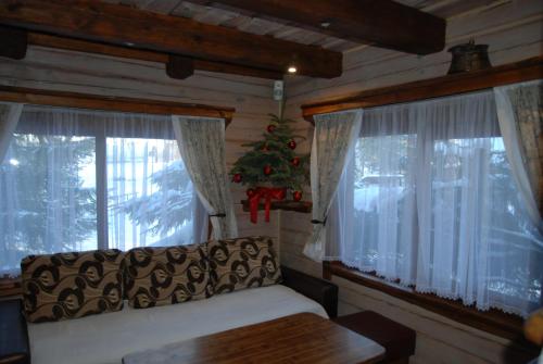 a living room with a couch and windows with a christmas tree at Prie Klykio in Utena