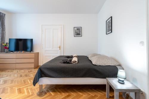 a white bedroom with a bed and a tv at revLIVING Apartments Eggenburg in Eggenburg