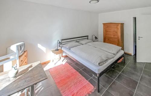 a bedroom with a bed and a table and a tv at Ehemaliges Farmhaus Lehsten in Lehsten