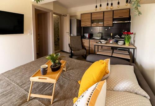 a living room with a couch and a kitchen at Luxury rooftop in Larisa