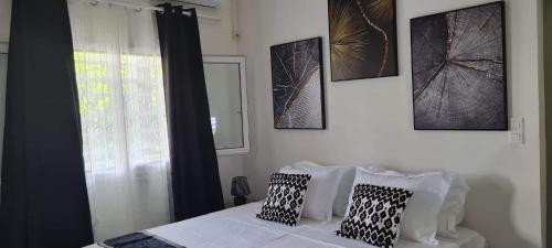 a bedroom with a bed with black and white pillows at Kaz KAFE in Mamoudzou