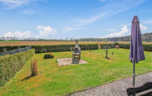 a lawn with an umbrella and a statue in the grass at Ferienwohnung Mirow Ot Qualzow in Qualzow