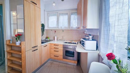 a small kitchen with a stove and a microwave at La voce del porto in Ancona