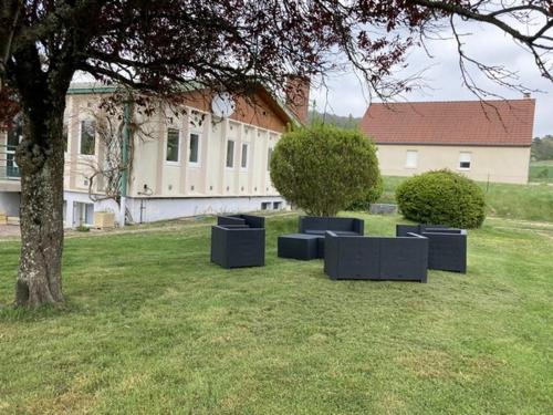 a group of chairs sitting in the grass near a tree at AC Logements in Léry