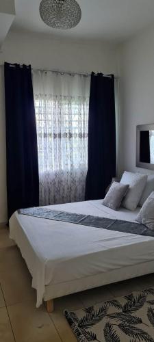 a bedroom with a large bed with blue curtains at Kaz KAFE in Mamoudzou