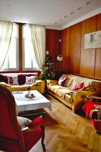 a living room with a christmas tree and a couch at Manoir romantique 8 mn du lac et 2 heures de Paris in Montier-en-Der