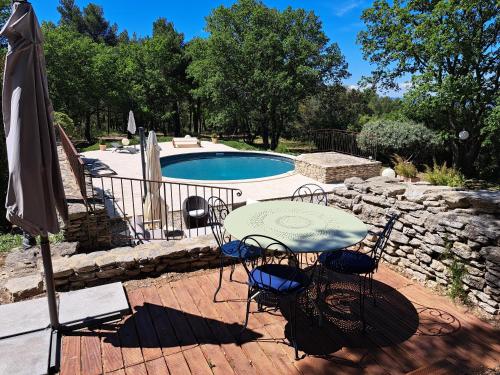 un patio avec une table et des chaises à côté d'une piscine dans l'établissement Ancien relais de chasse, isolé en pleine nature provençale 11 couchages, modulable 7, à Saumane-de-Vaucluse