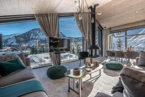 New modern chalet with skis on