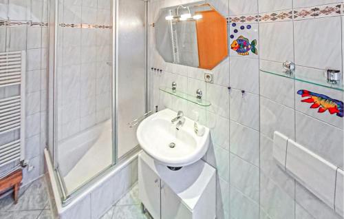 a bathroom with a sink and a shower at Ferienwohnung Zirtow in Mirow