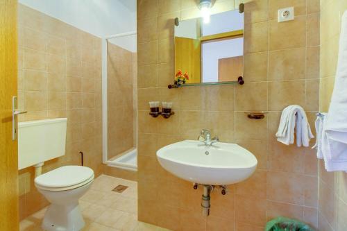 Un baño con lavabo, inodoro y espejo. en Apartments Eli, en Mali Lošinj