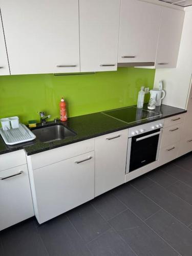 a kitchen with white cabinets and a green wall at Heimelige Wohnung auf der Schwägalp in Urnäsch