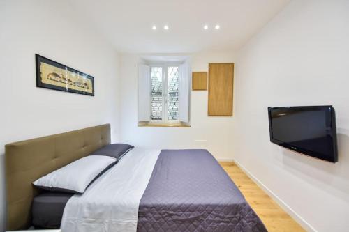 Un dormitorio con una cama y un televisor de pantalla plana. en il Vialetto della GranMadre, en Turín