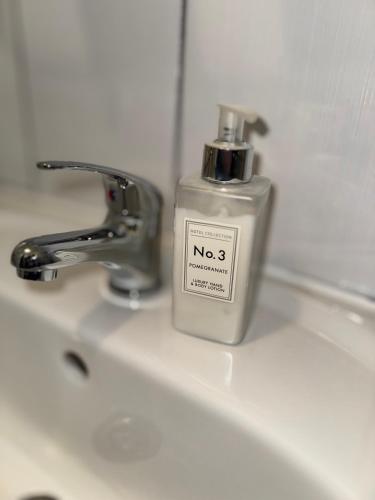 a soap dispenser sitting on a sink next to a faucet at Casa Montana in Predeal