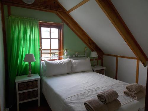 a bedroom with a bed with green walls and a window at Mystic Mountain in Clarens