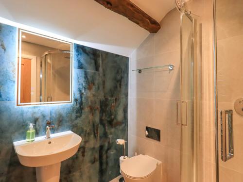 Un baño con ducha, lavabo e inodoro. en Old Howgate Barn, en Ambleside