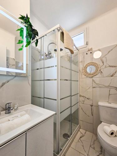 une salle de bain avec une douche, un lavabo et des toilettes dans l'établissement New Big Flat 8 Pers AC WiFi, à Nice