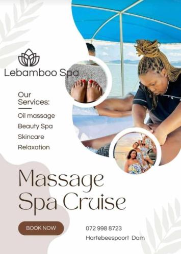 a flyer for a massage spa service with a girl sitting on a pool at Le Bamboo Guest House And Boat Cruise in Hartbeespoort