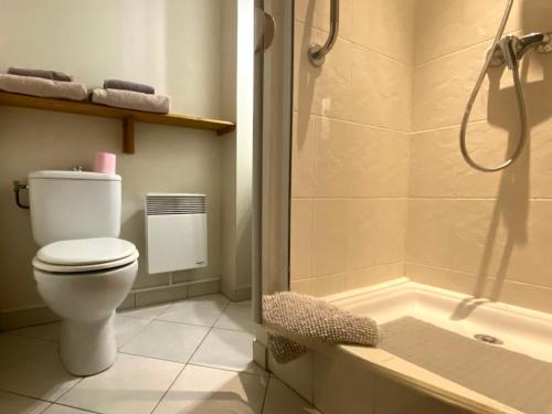 a bathroom with a toilet and a shower and a tub at La Maison Du Coteau in Cachan