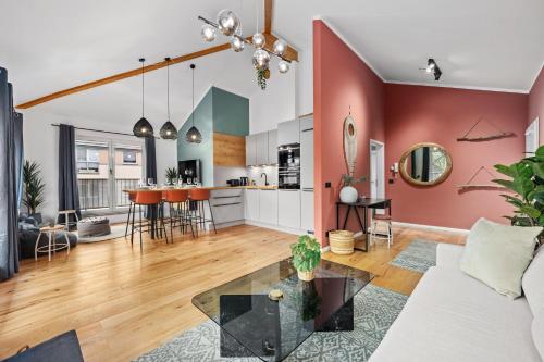 Posezení v ubytování EDLER WOHNRAUM Schwanenteich-Penthouse mit Garage, Grill, Kaffeevollautomat, Klima, Lift & Terrasse