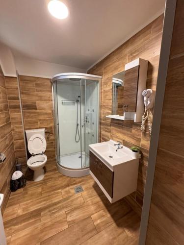 a bathroom with a shower and a toilet and a sink at Hotel Gorunul in Hunedoara
