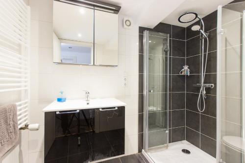 a bathroom with a shower and a sink at Citystudio 3 Rosenburgblick in Moselnähe in Zeltingen-Rachtig