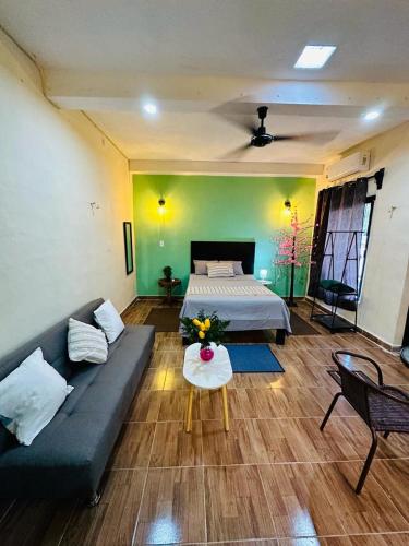 a living room with a couch and a bed at Casita Salome in Valladolid