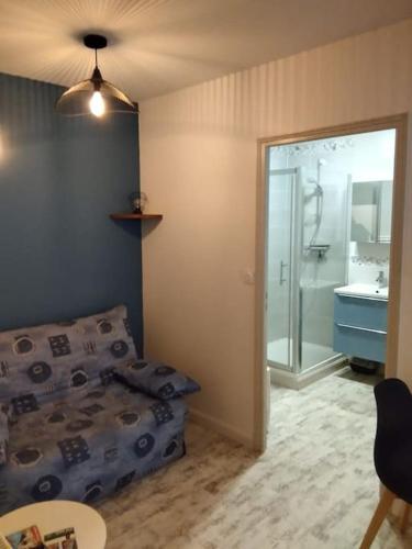 une chambre avec un lit et une salle de bain avec douche dans l'établissement Le thermal, à La Bourboule