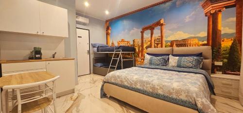 a bedroom with a bed with a painting on the wall at Il Magnifico Superior Rooms 400m from Tiburtina Railway Station and 290m from Metro in Rome