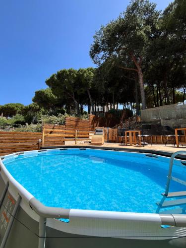 a large swimming pool with blue water in a yard at Il Palazz8 - Dimore di Charme in San Polo dei Cavalieri