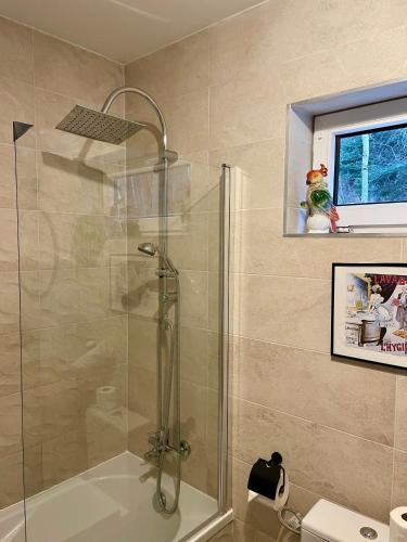 a shower with a glass door in a bathroom at Klimatyczny Dom z widokiem na Babią Górę in Maków Podhalański