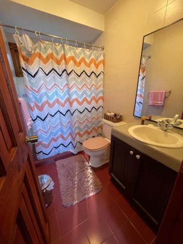 a bathroom with a sink toilet and a shower curtain at Casa Pingueral estufa - piscina - cercano a playa in Dichato