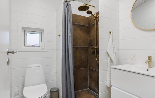a bathroom with a shower and a toilet and a sink at 3 Bedroom Cozy Home In Gilleleje in Gilleleje