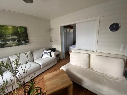 a living room with a couch and a table at EIFELCOTTAGE Zaunkönig in Ulmen