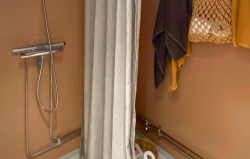 a shower curtain in a bathroom next to a shower at Gorgeous Home In Köpingsvik With Wifi in Köpingsvik