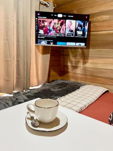 a cup and a plate on a table with a tv at Chalé Barril com cozinha in São Francisco do Sul
