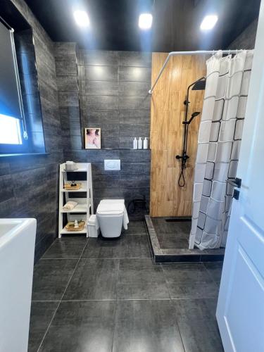 a bathroom with a toilet and a shower at Station Boutique in Gyumri