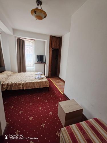 a hotel room with two beds and a red carpet at Парк - Хотел Макензен in Melnik