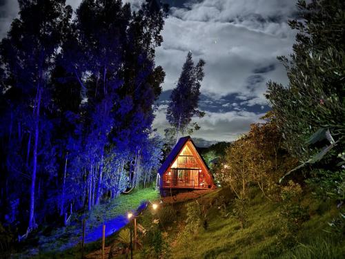 a cabin in the woods at night with blue lights at Casa Índigo Tabio in Tabio