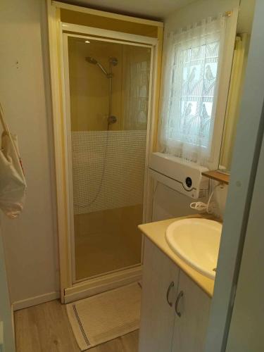 une salle de bain avec douche et lavabo dans l'établissement Mobil-Home 4 places dans les Landes, à Saint-Julien-en-Born