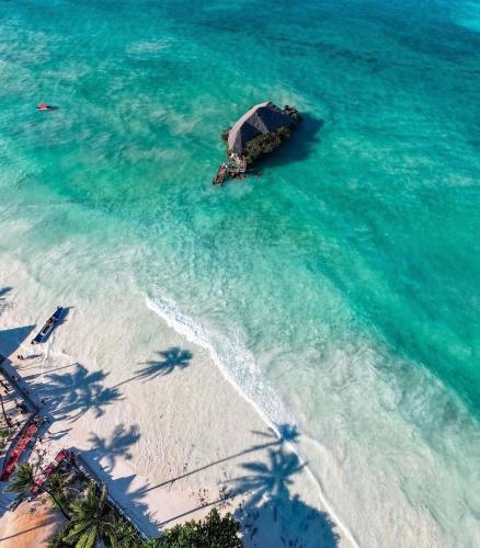 an aerial view of a beach with a rock in the water at Artists' Guesthouse Sleep&Dream - Zanzibar in Zanzibar City