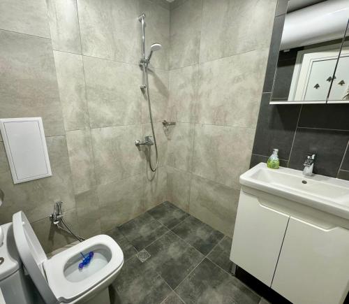 a bathroom with a shower and a toilet and a sink at Хубавото място - Ski & Relax next to Pamporovo in Smolyan