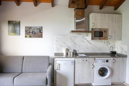 a kitchen with a washing machine and a couch at FUENTE OSCURA in Ramales de la Victoria