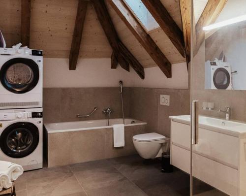 a bathroom with a toilet and a washing machine at Hidden Retreats The GlacierDoor in Frutigen