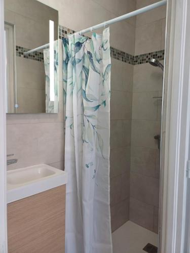 une salle de bain avec un rideau de douche et un lavabo dans l'établissement Maison à 15 minutes de Propriano, à Santa-Maria-Figaniella