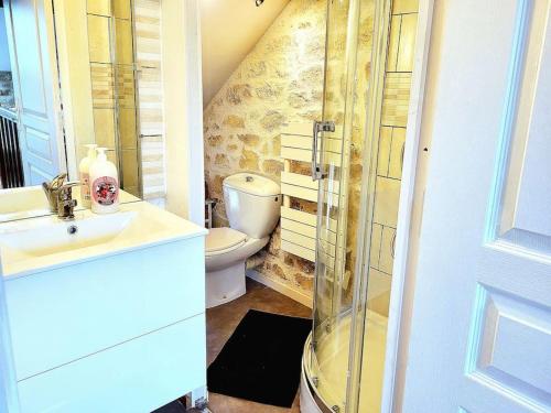 a bathroom with a toilet and a glass shower at Appartement charme de la pierre in Écharcon